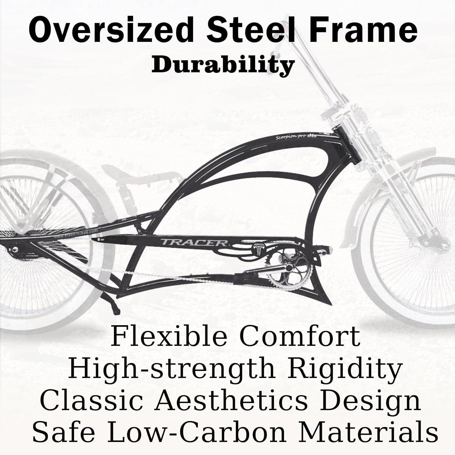 Close up of tracer scoprion pro dts cruiser beach chooper bike oversized duable steel frame 26inch black coaster brake