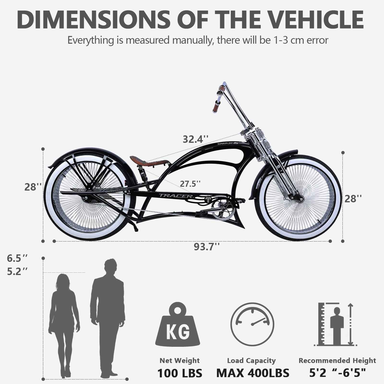 Tracer scorpion pro dts chopper cruiser bicycle 26inch fit in 5'2"-6'5" Max 400 lbs for adult