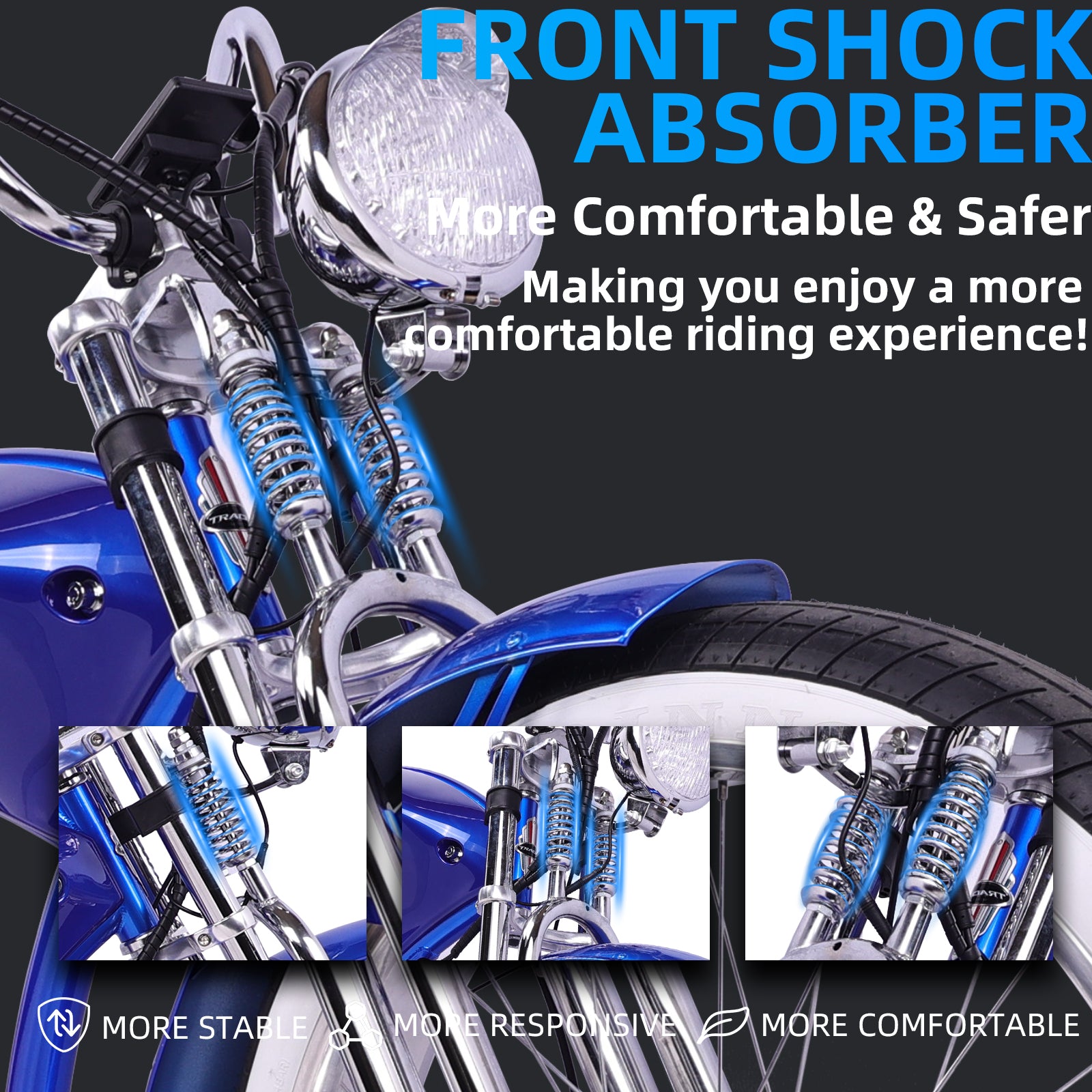 close up of Tracer Twenty5 GTS Chopper Cruiser E-Bike 500W suspension fork