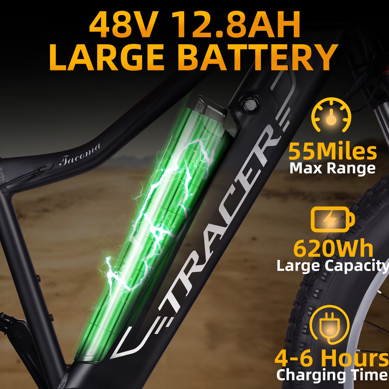 Tracer Tacoma Fat Tire Mountain Electric Bike 48V 12.8AH Large Lithium Battery 55 Miles Max Range Close Up
