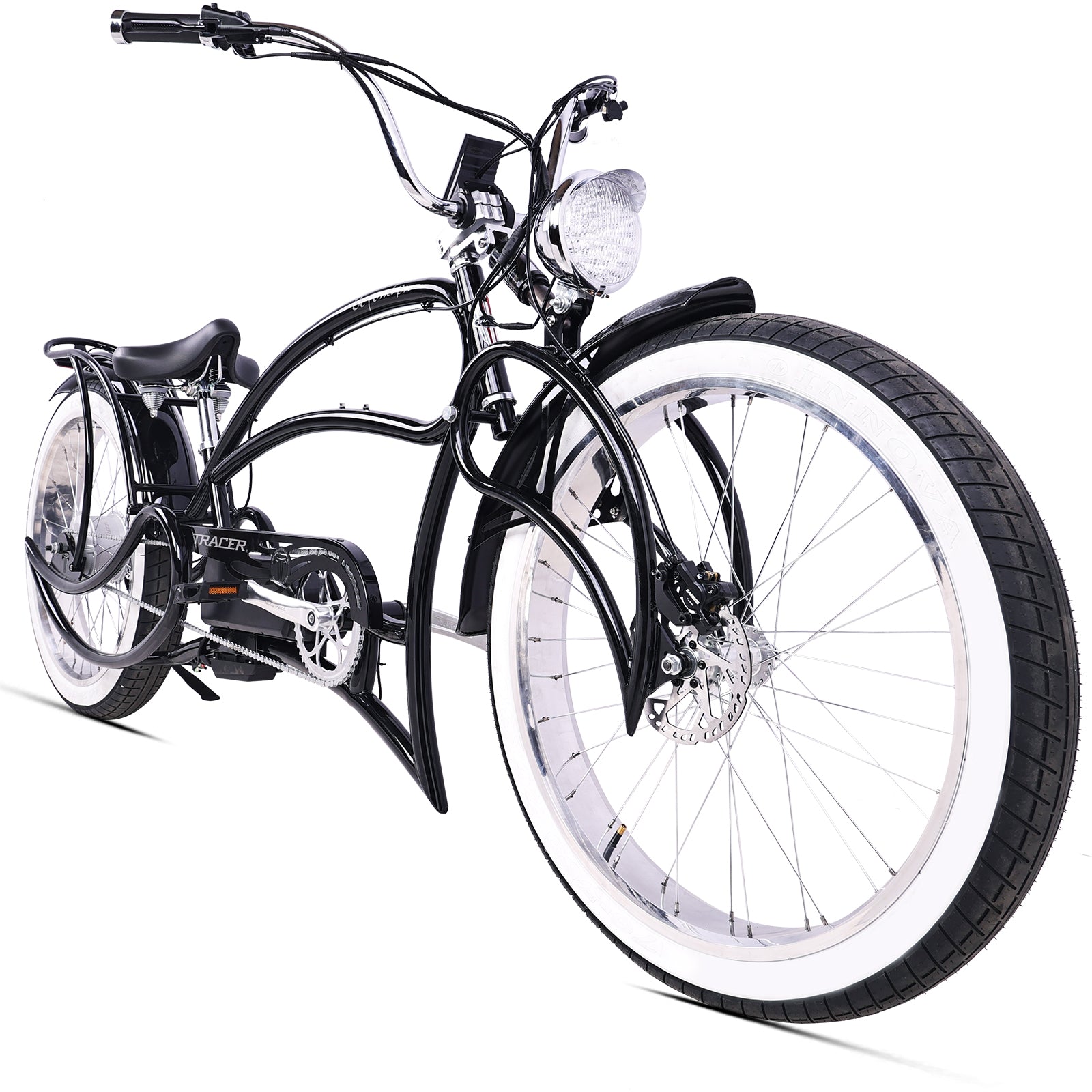 Side view of Tracer Beyond Pro 800W Stretch Cruiser Electric Bicycle White Wall Tire in Black