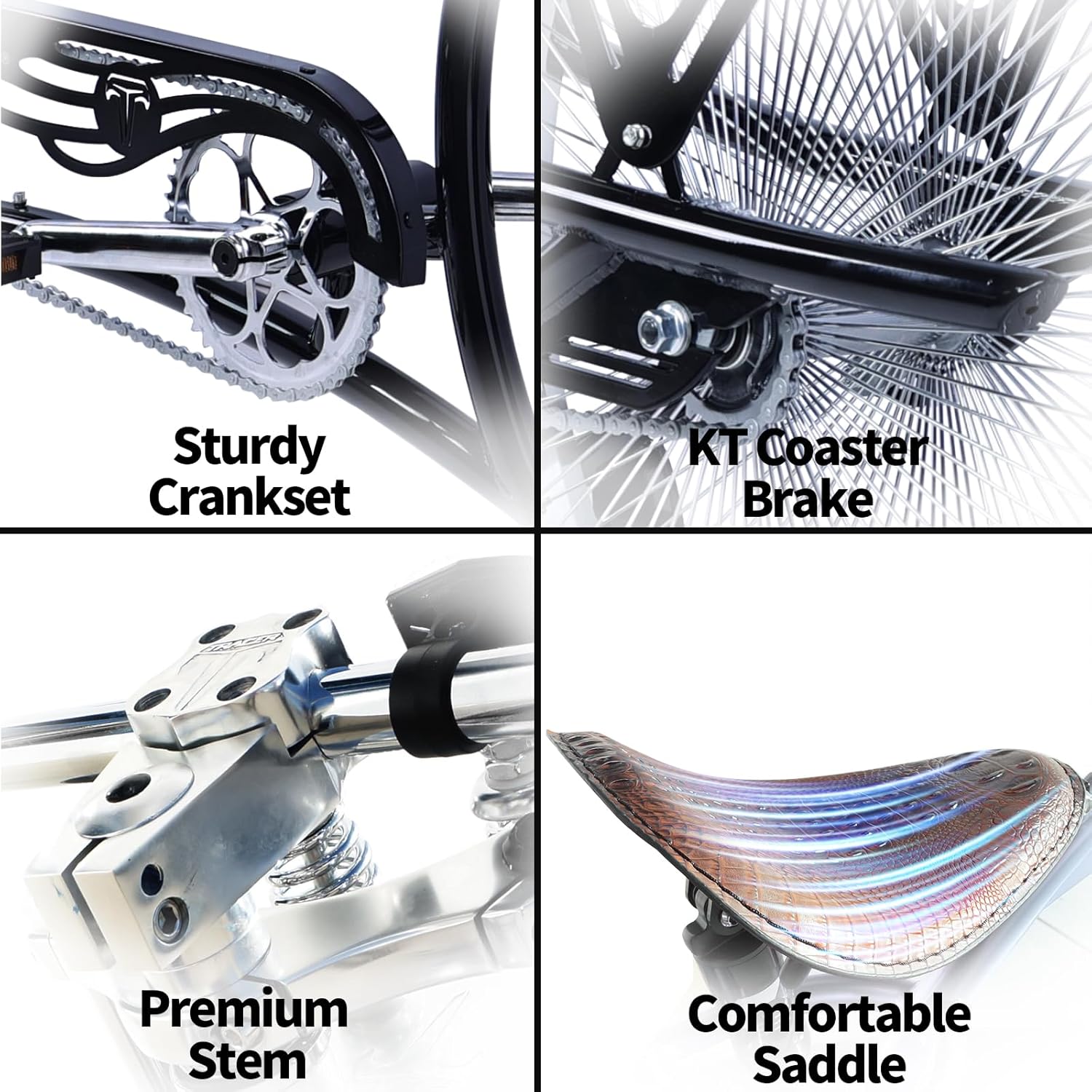 Close up of tracer scorpion pro dts cruiser beach bicycle with KT coaster brake comfortable saddle 