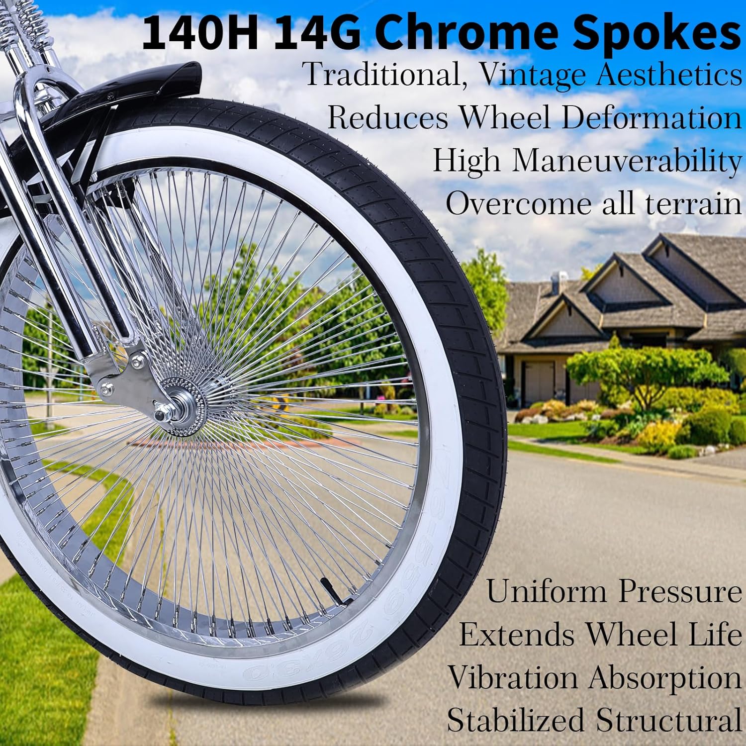 Close up of tracer scorpion pro dts cruiser beach stretch bikes with 140H 14G chrome spokes  fit all terrain