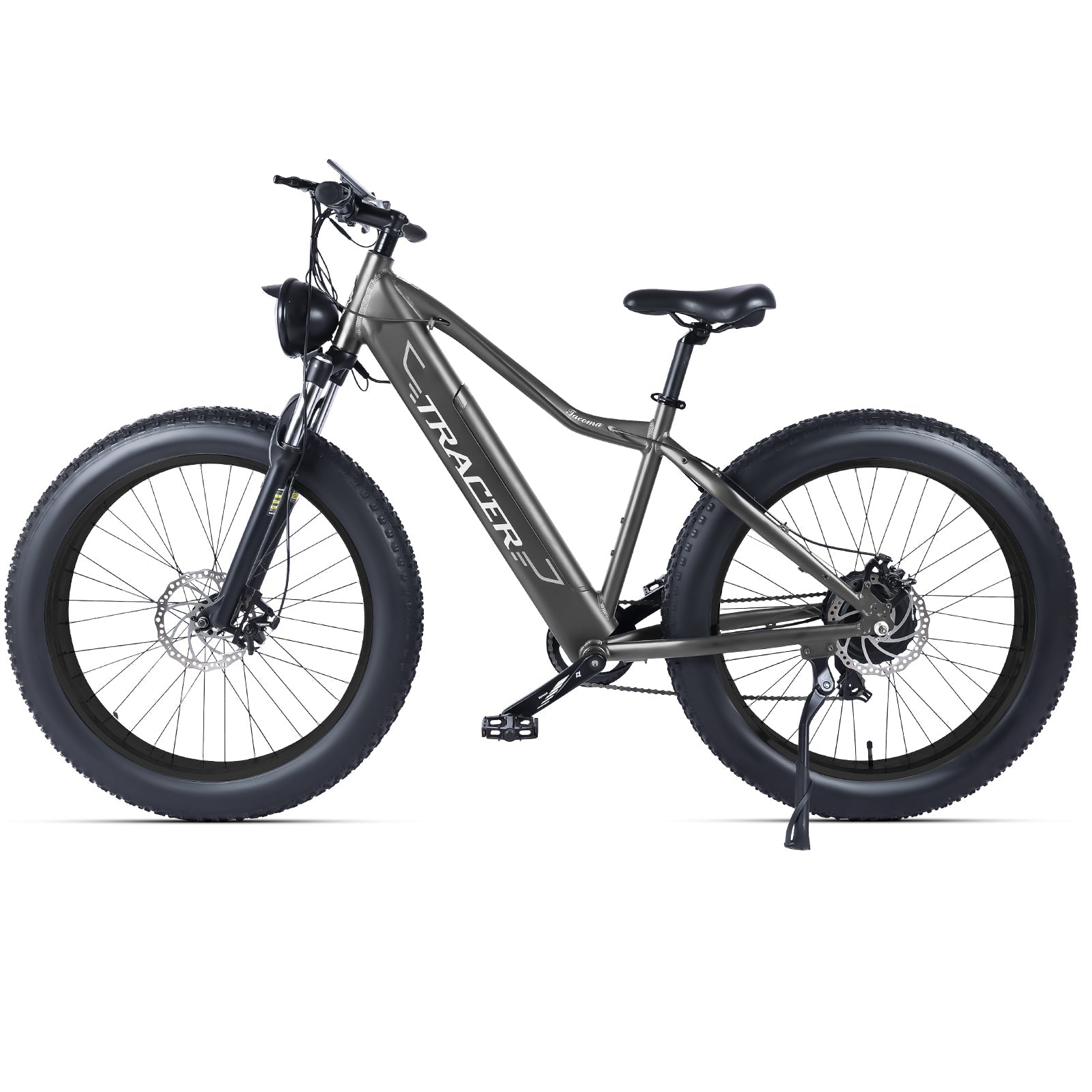 Tracer Tacoma Fat Tire Electric Mountain Bike in Gray 26 inch Disc Brakes Comfortable Saddle