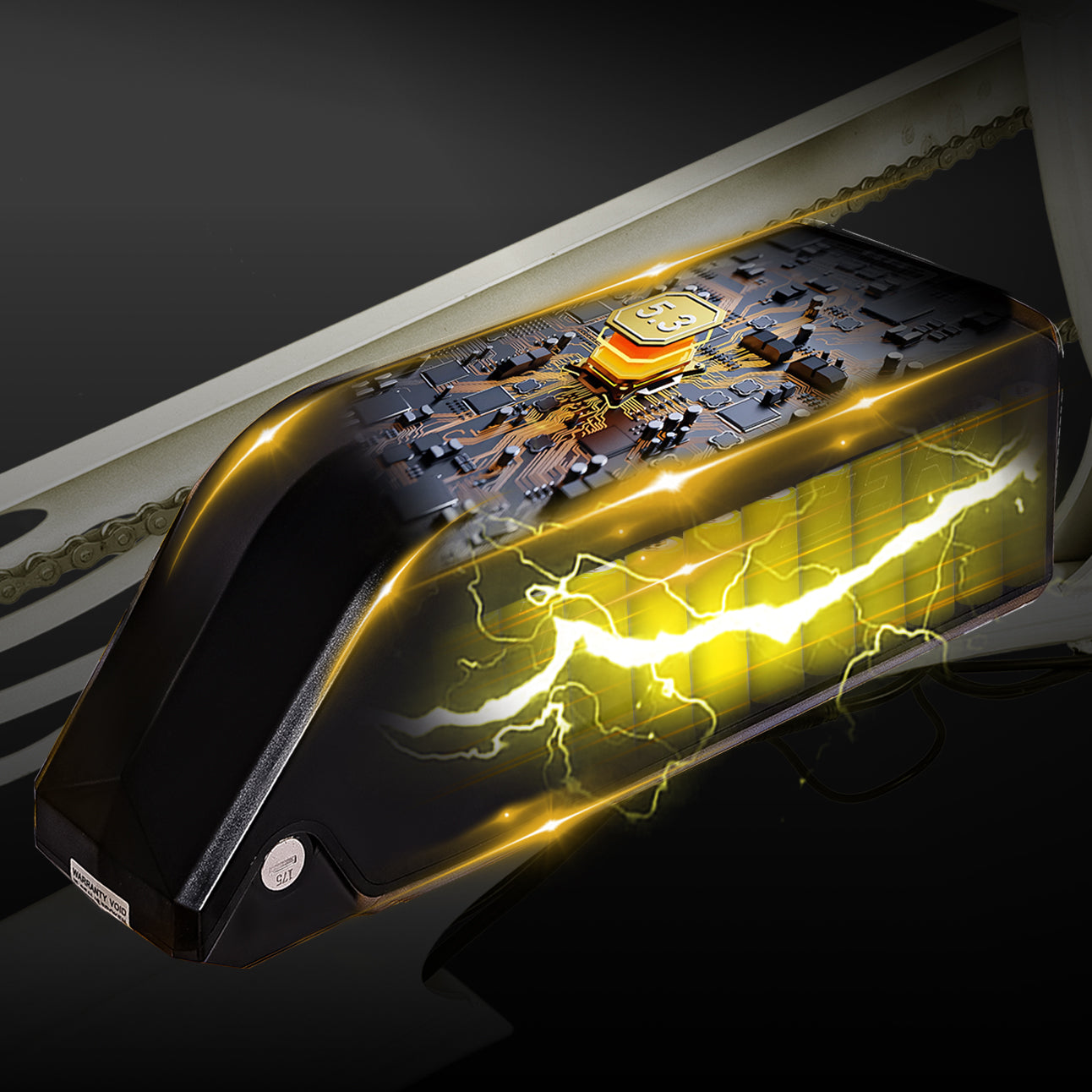 close up of Tracer Raptor Stretch Cruiser Chopper E-bike Good battery performance