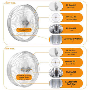 Micargi 26"X4"X13GX140H ALUMINUM POLISH FAT RIMS WHEEL SET coaster brake