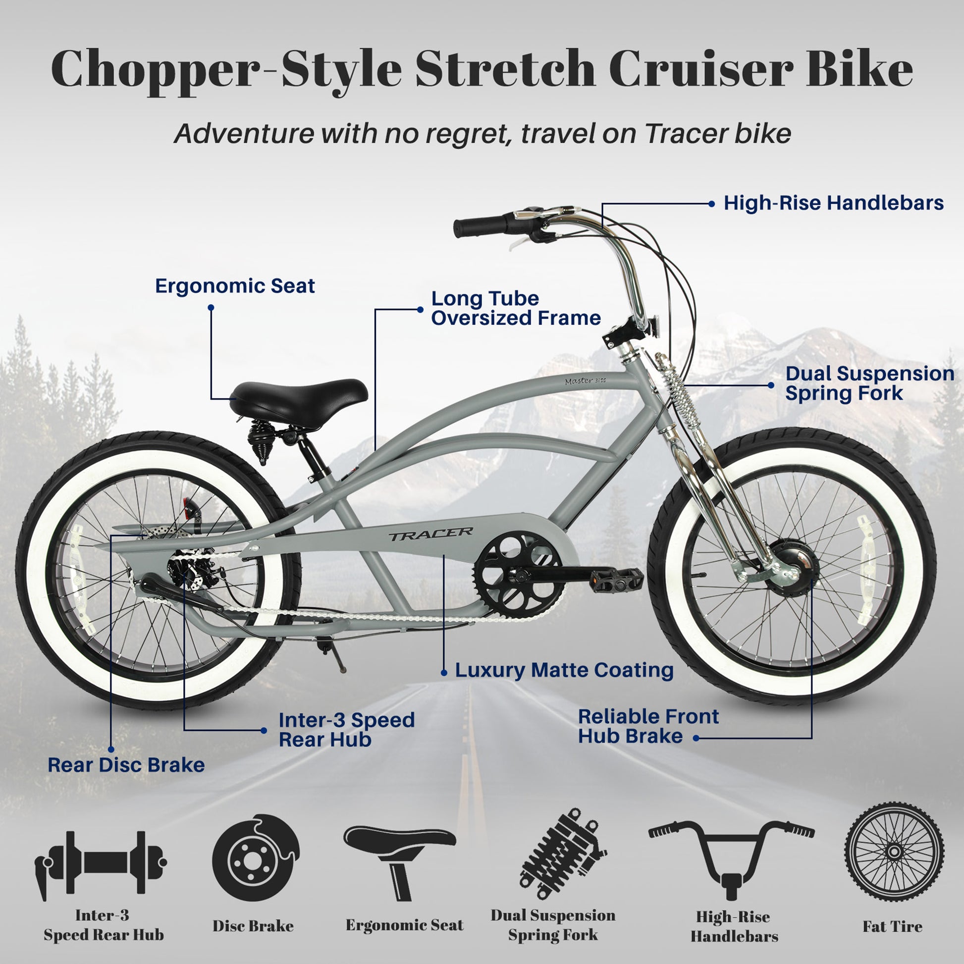 Master 3i 20-inch 3-speed stretch chopper cruiser bike