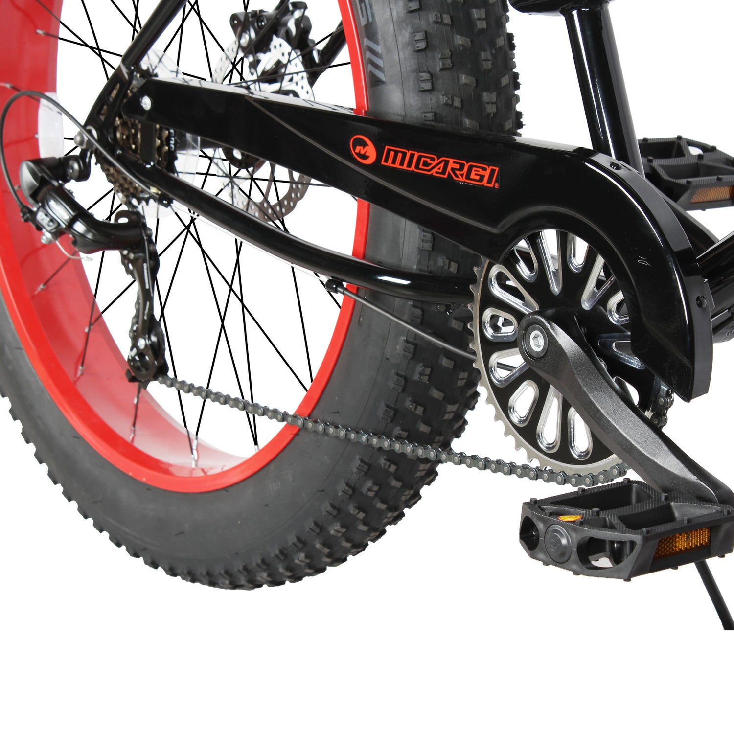 Close up of Micargi Slugo SS Beach Cruiser Bike Fat Tire with 7-Speed Disc Brake Sturdy Crankset