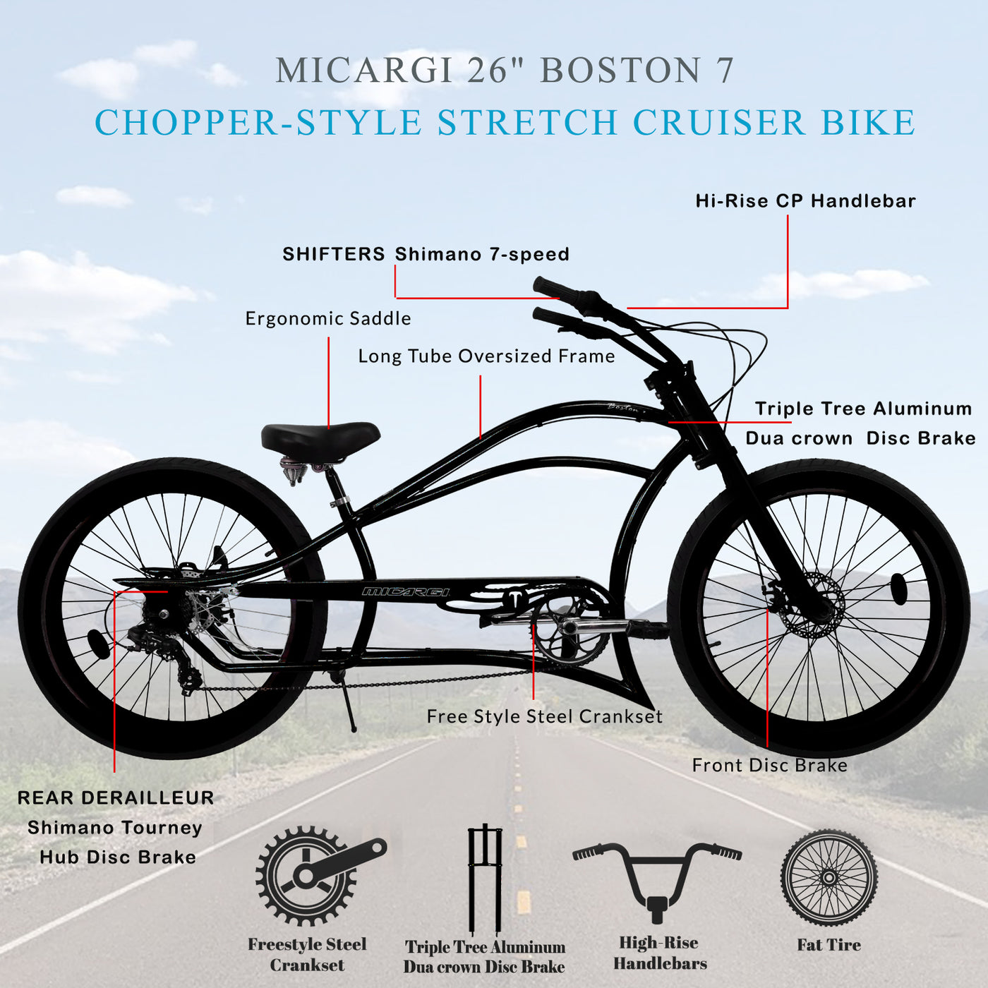 Micargi Boston 7 Cruiser - Classic & Modern Chopper Bike