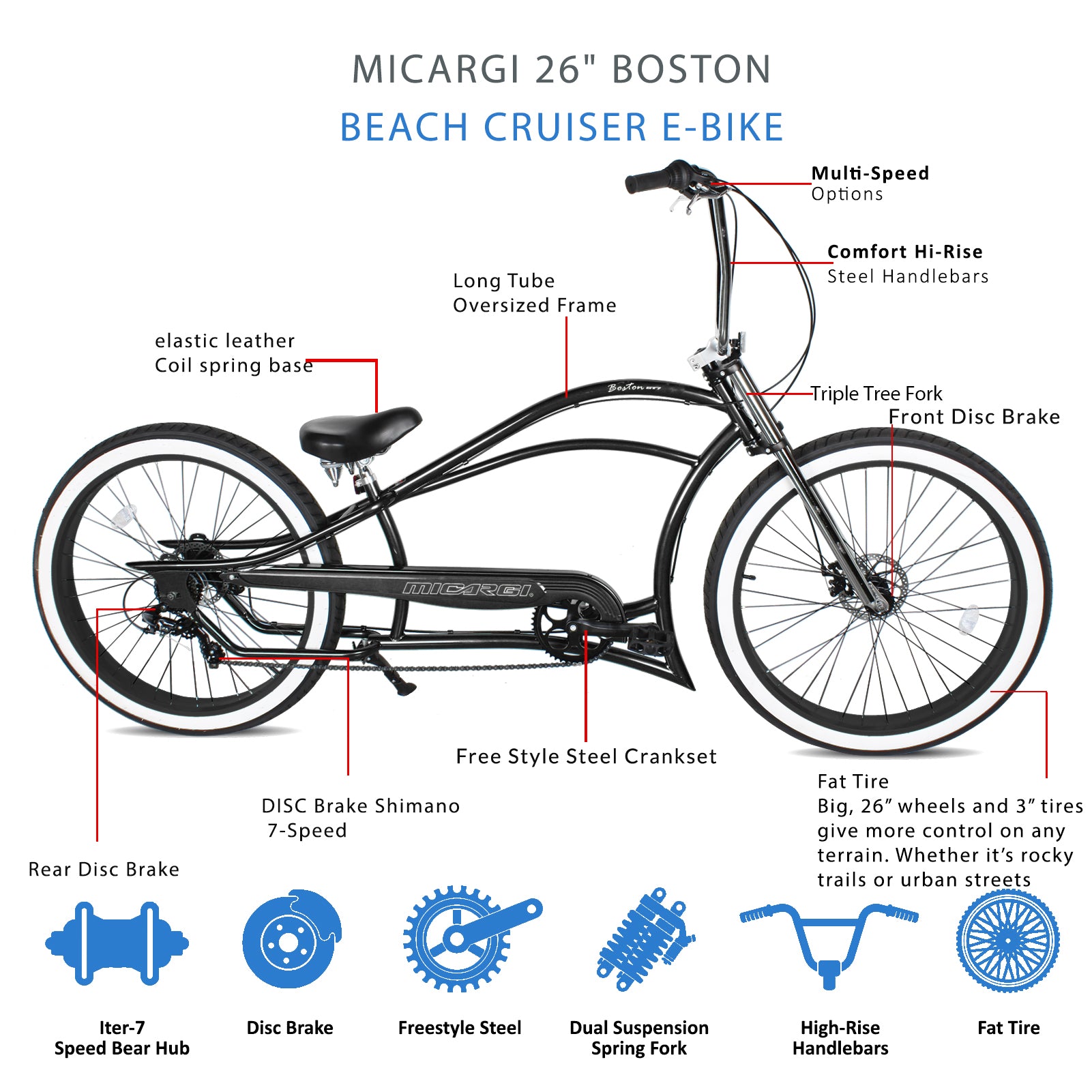 Micargi Boston GT7 Stretch Cruiser Bicycle 7-speed Disc Brake in Black 