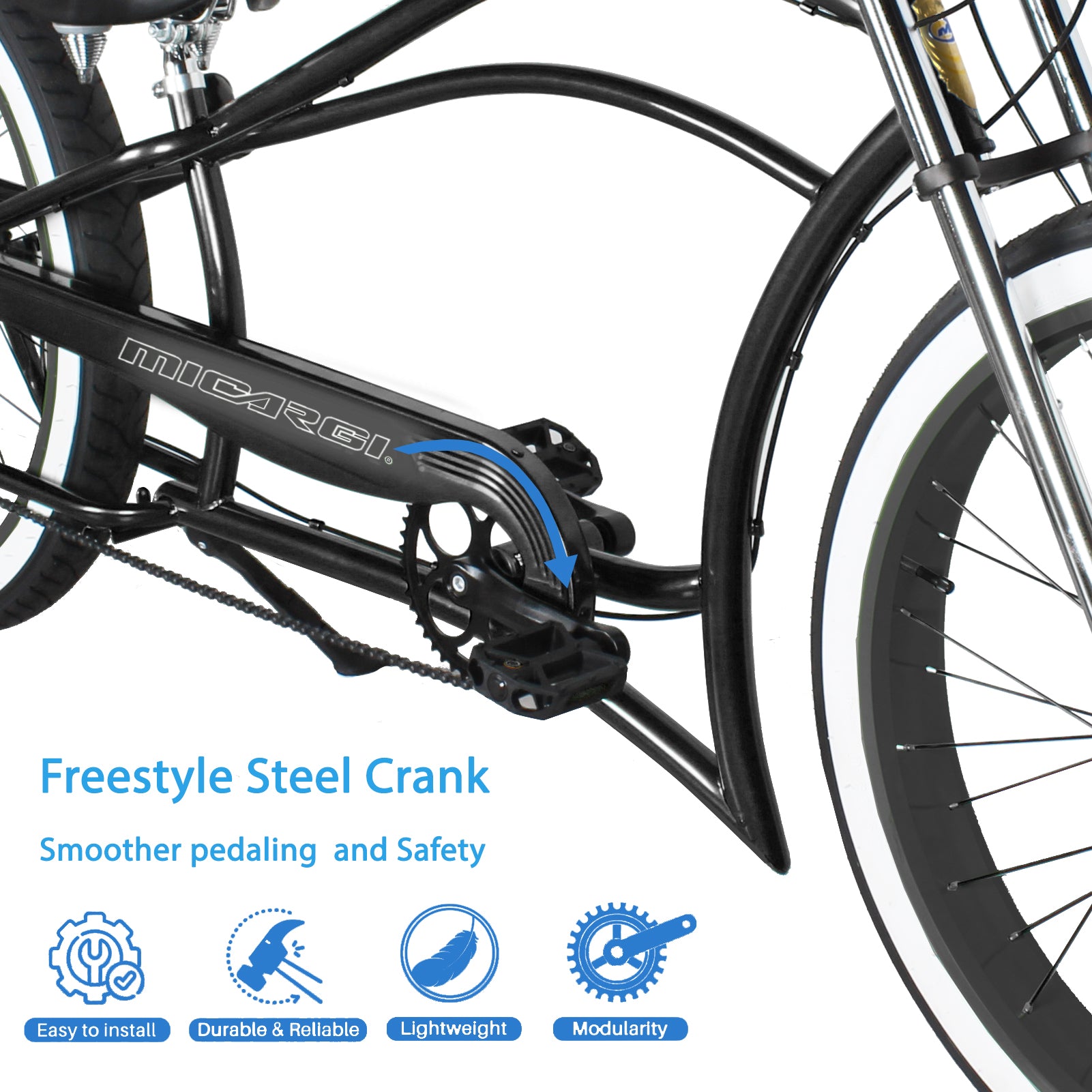 Close up of Micargi Boston GT7 Stretch Cruiser Bicycle with sturdy cranset smoother and safe pedaling