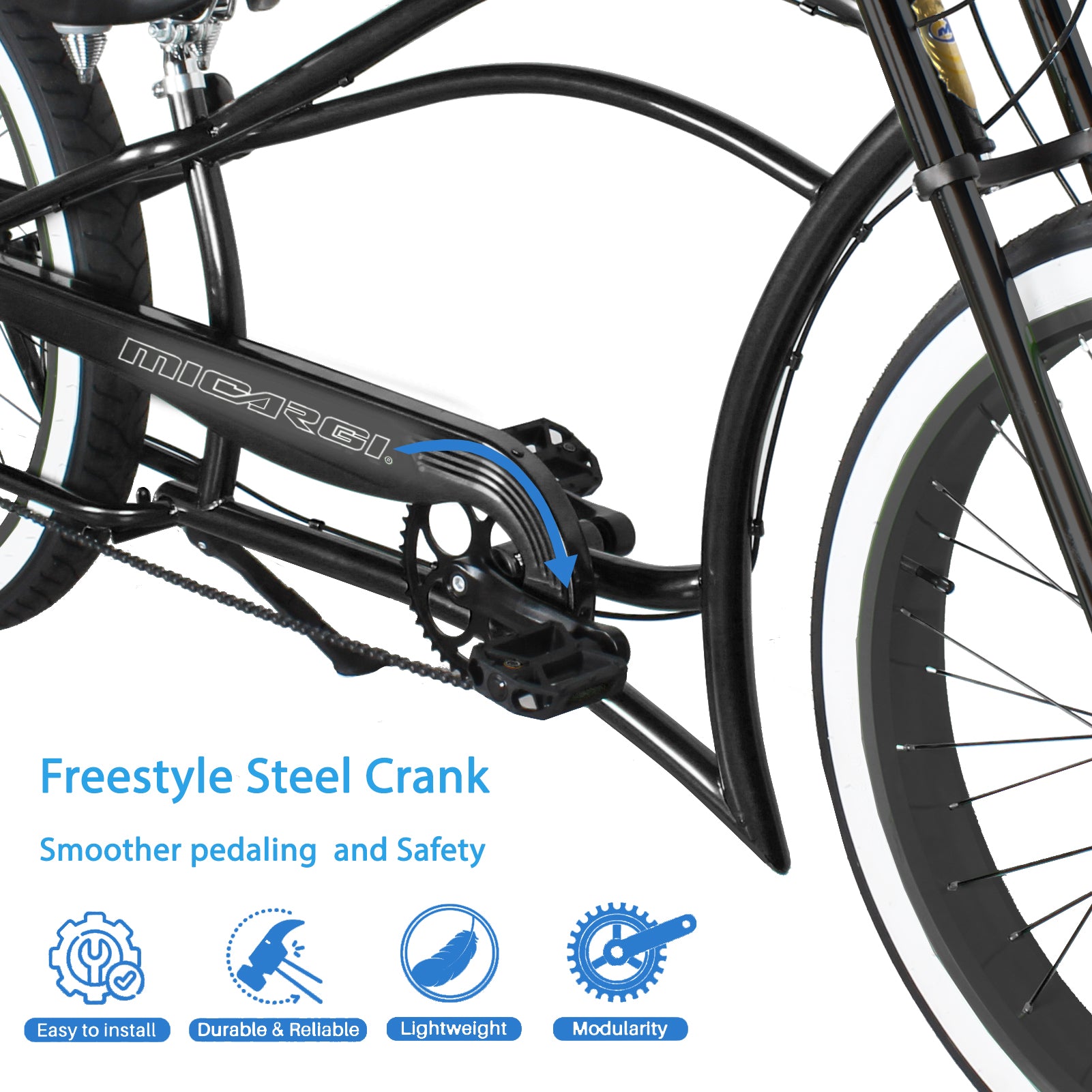 Close up of Micargi Boston GT7 Stretch Cruiser Bicycle with sturdy cranset smoother and safe pedaling