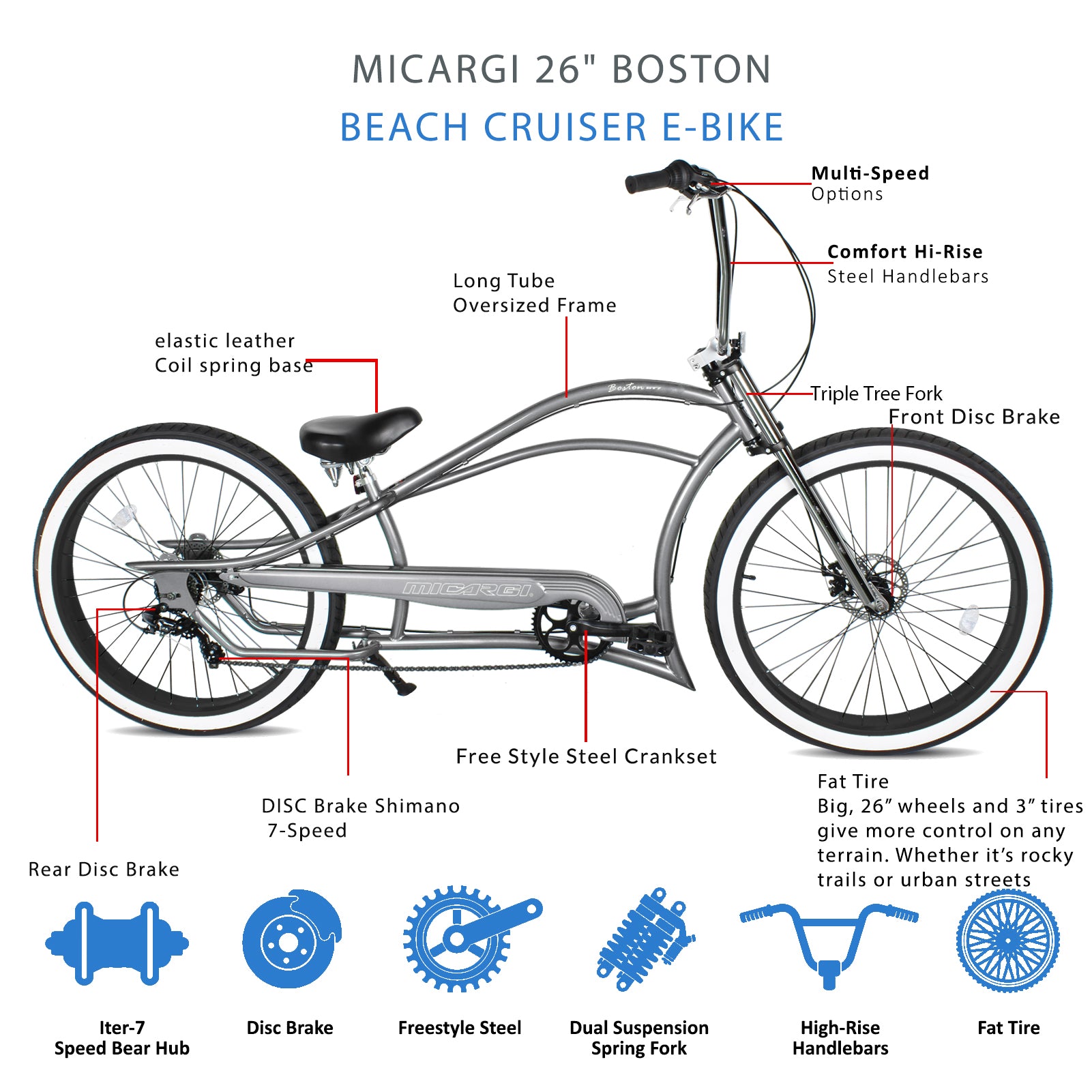 Micargi Boston GT7 Stretch Cruiser Bicycle gray white wall tire