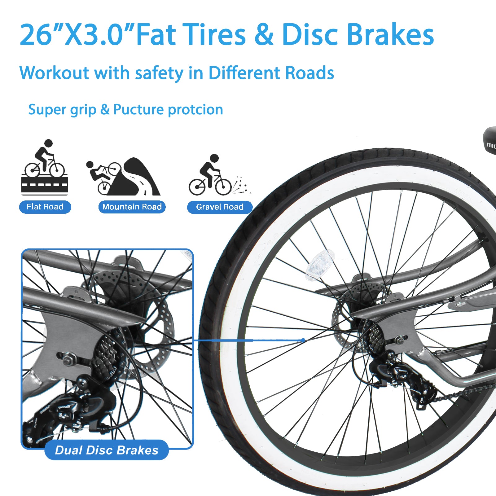 Micargi Boston GT7 Stretch Cruiser Bicycle 26*3.0 white wall fat tire