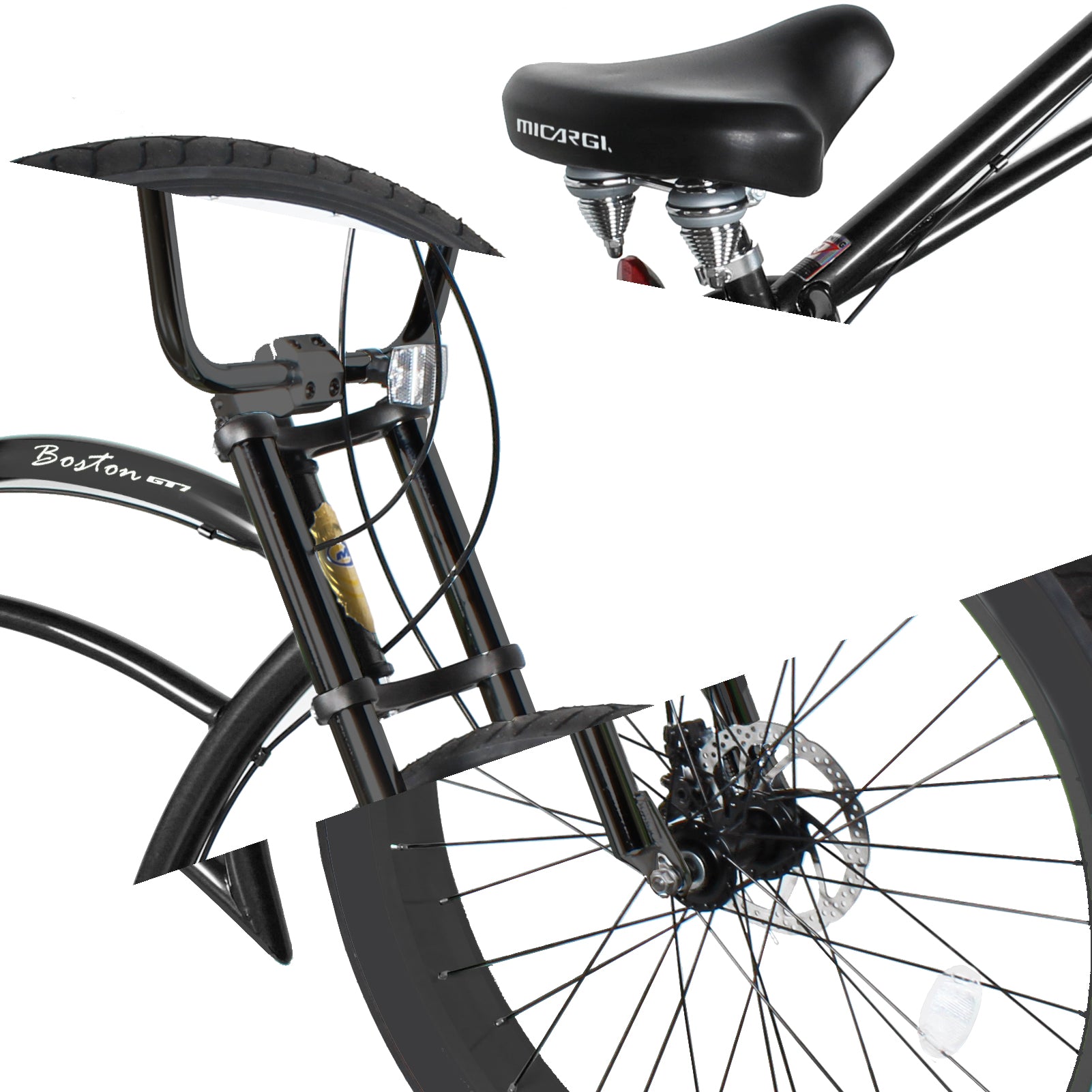 close up of Micargi Boston GT7 Stretch Cruiser Bicycle wide saddle disc brake triple tree fork