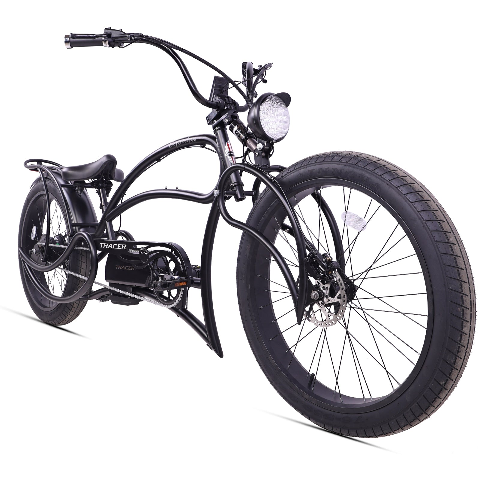 Side view of Tracer Beyond Pro 800W Stretch Cruiser Electric Bicycle 36 Spokes Fat Tire in Matte Black