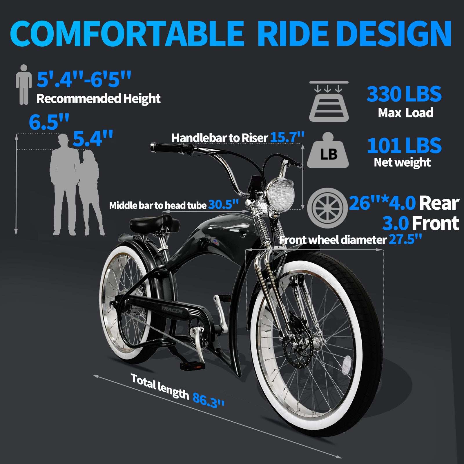 Tracer Twenty5 DS 500W Chopper Cruiser E-Bike fit in 5'4"-6'5"