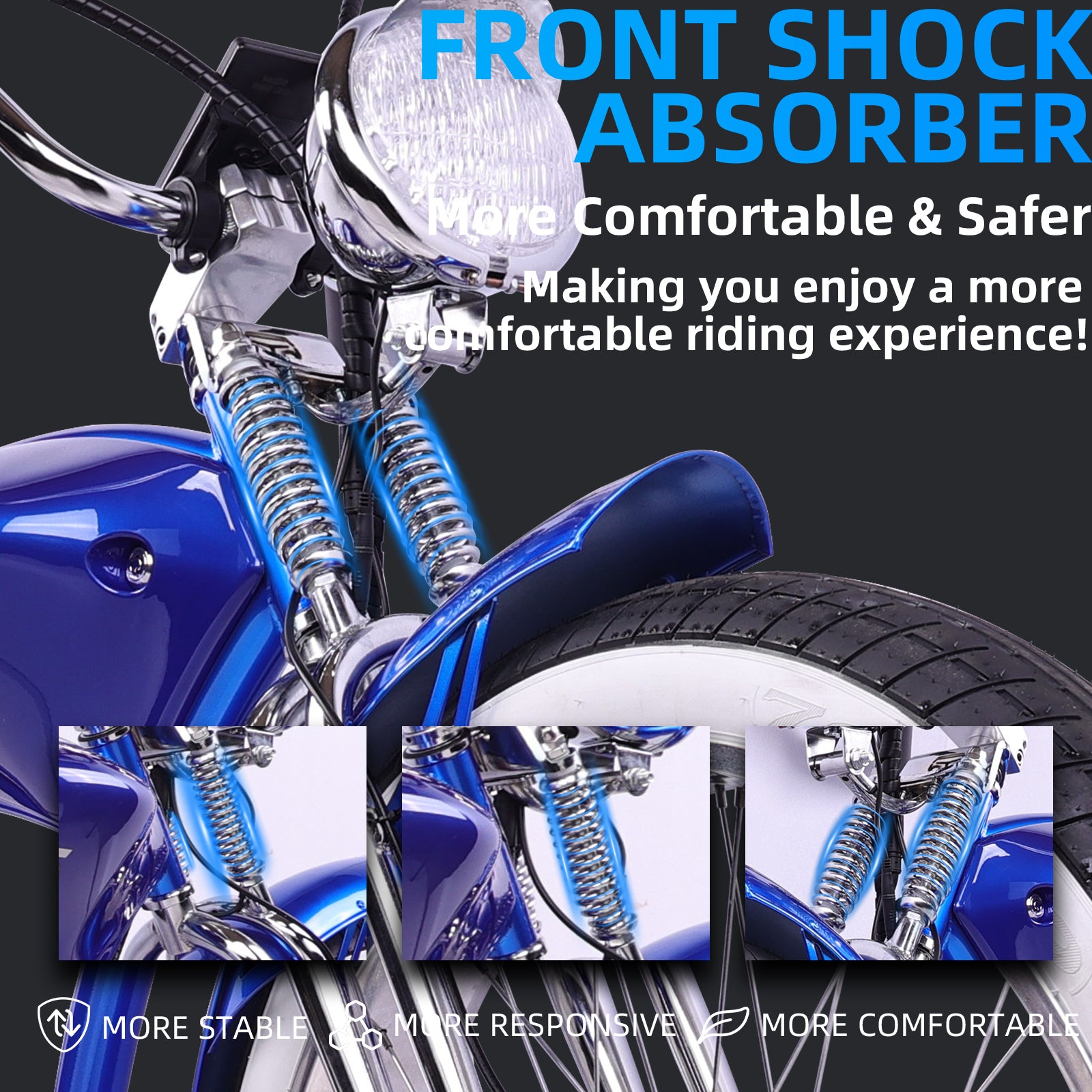 close up of Tracer Twenty5 DS Chopper Cruiser E-Bike suspension dual spring fork