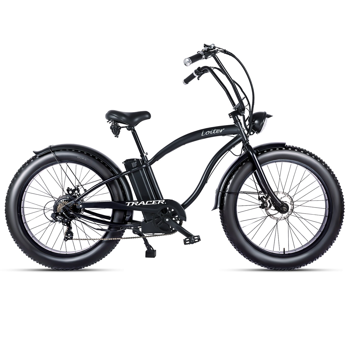 Tracer loiter cruiser e-bike matte black 26 inch hi-rise handlebar