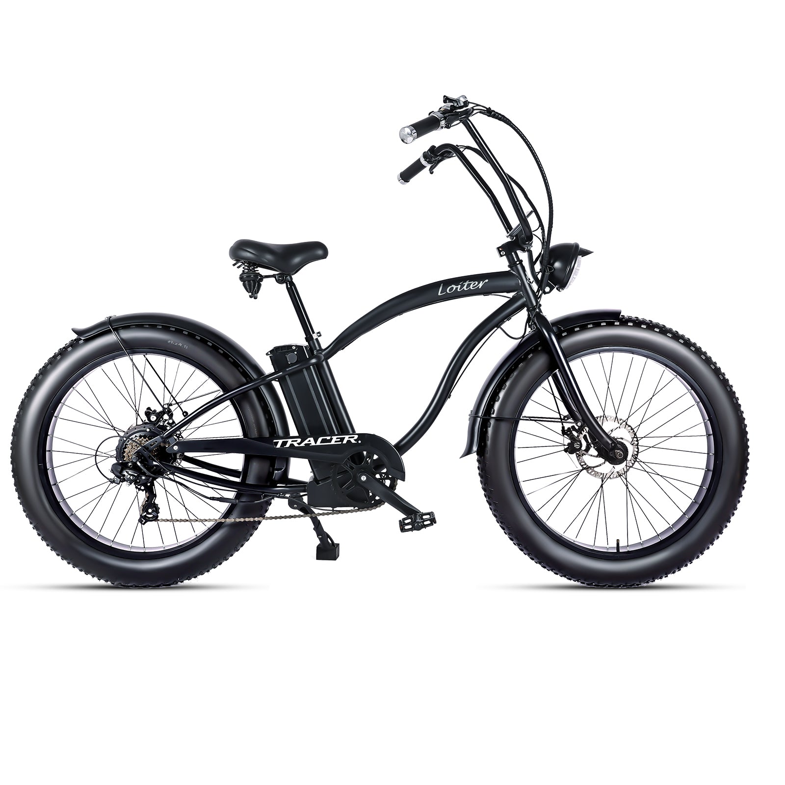 Tracer loiter cruiser e-bike matte black 26 inch hi-rise handlebar