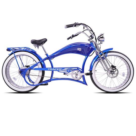 Twenty5 DS 800W Electric Chopper Bike blue 26inch with rack and fenders dual spring fork