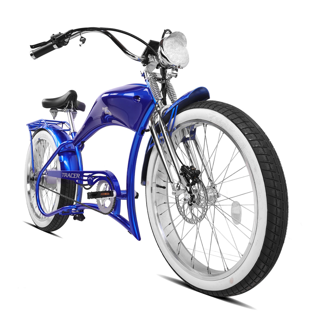 Side view of Twenty5 GT 800W Electric Chopper Bike bright headlight triple tree fork