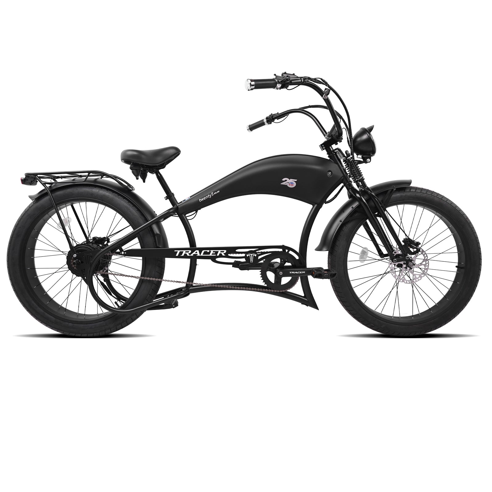 Twenty5 DS 800W Electric Chopper Bike MATTE BLACK with fenders and rack 26inch