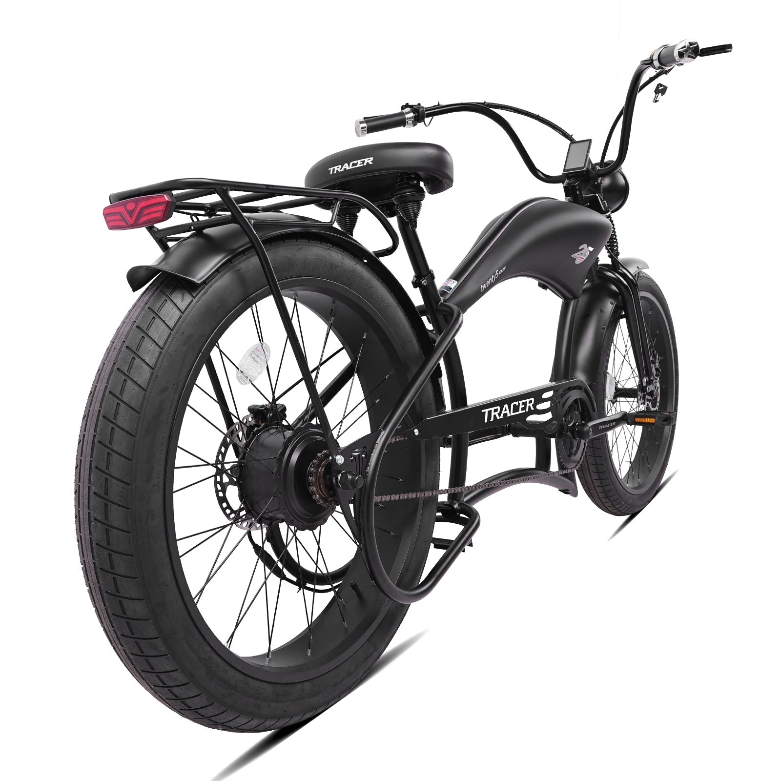 side view of Twenty5 GT 800W Electric Chopper Bike disc brake with rack matte black 26inch