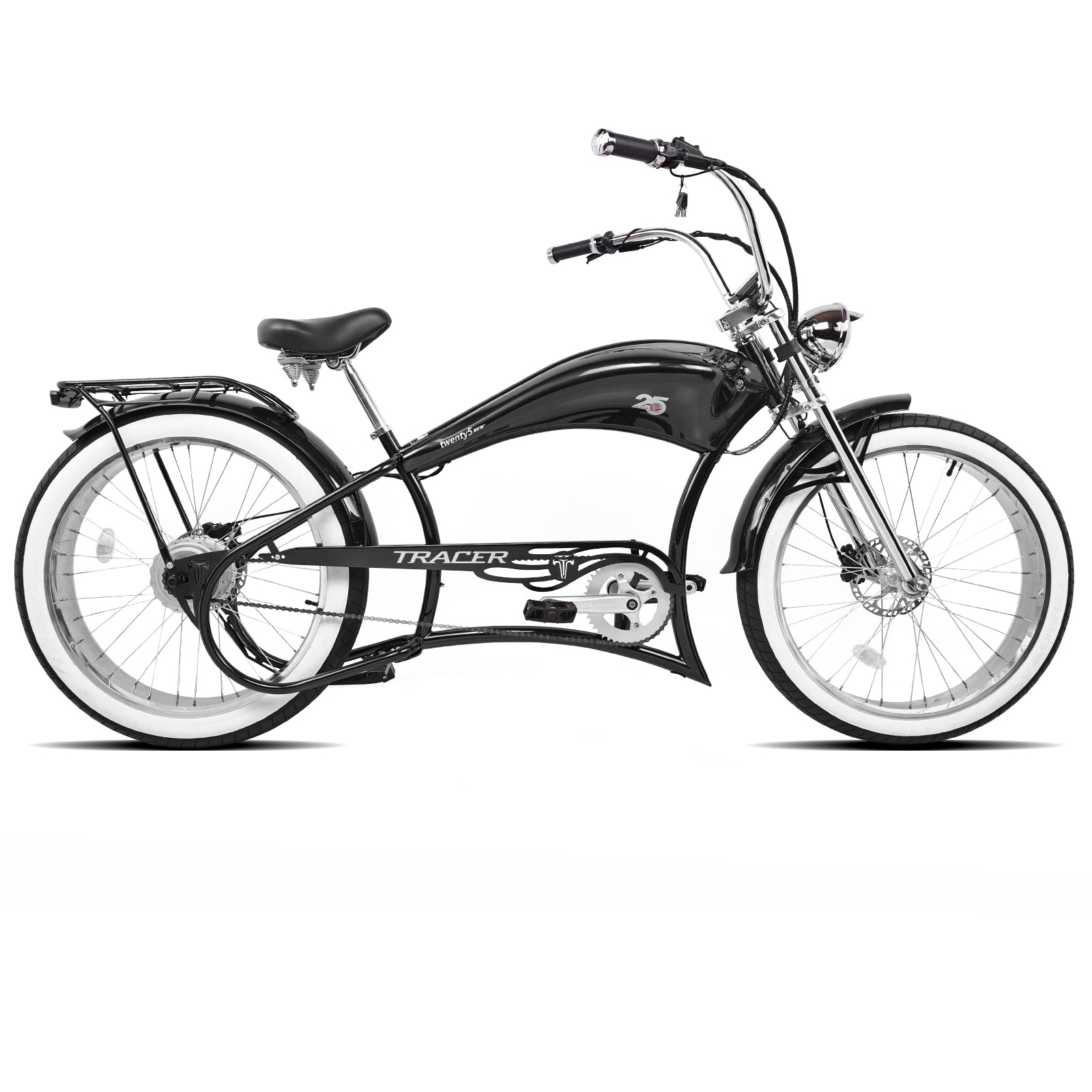 Twenty5 GT 800W Electric Chopper Bike fat tire black with fenders 26inch