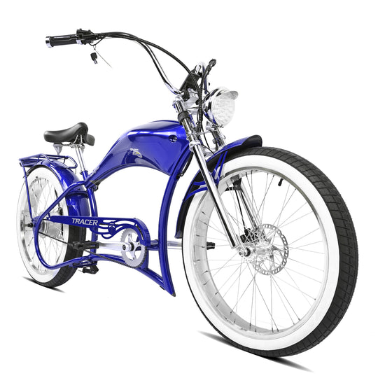 Side view of Twenty5 GT 800W Electric Chopper Bike bright headlight triple tree fork