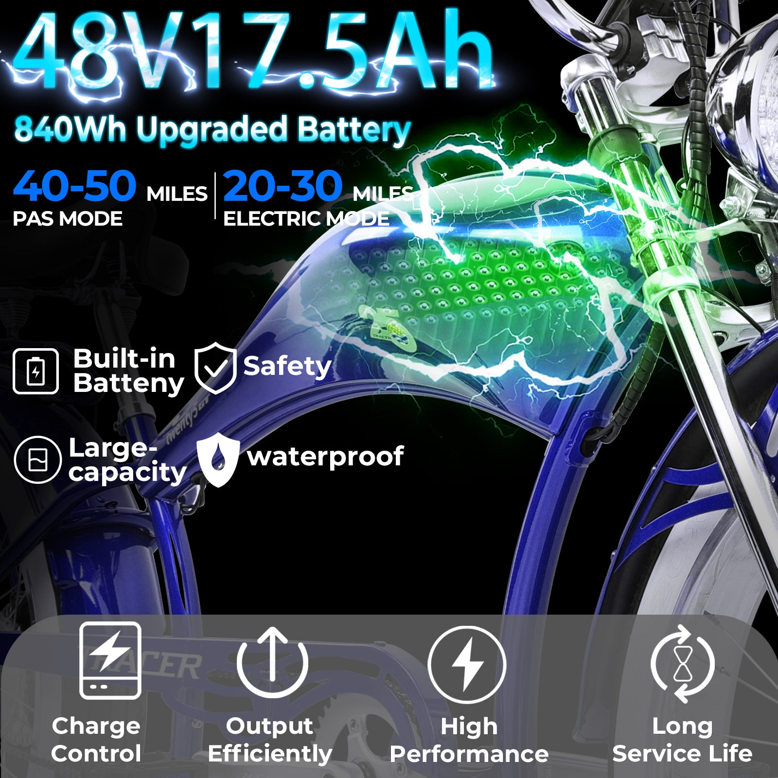 Tracer Twenty5 GT 800W Electric Chopper Bike 48V 17.5AH big capacity battery