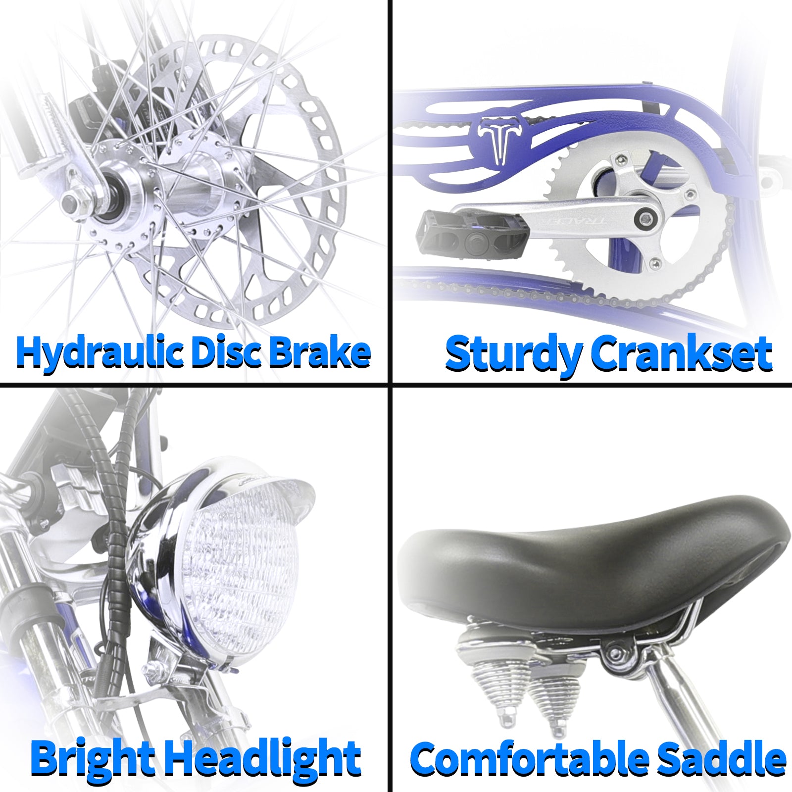 Close up of Tracer Twenty5 GT 800W Electric Chopper Bike hydraulic disc brake bright headlight