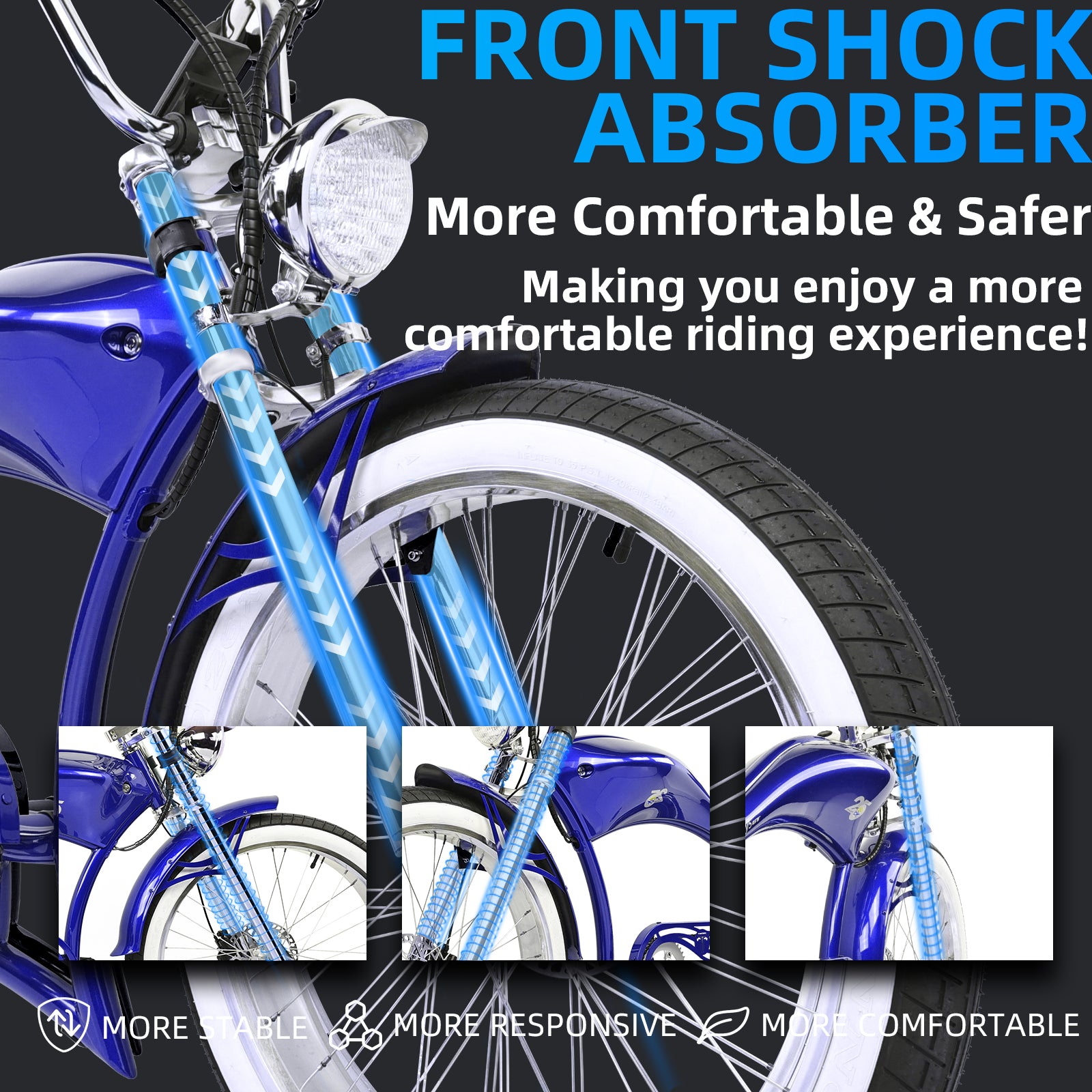 Close uo pf Tracer Twenty5 GT 800W Electric Chopper Bike with front shock absorber fork