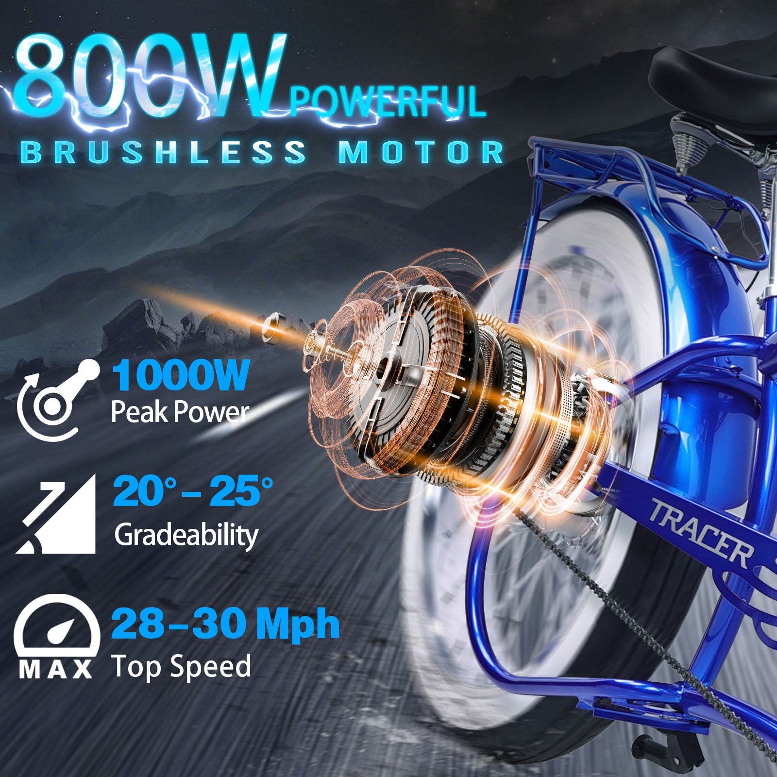 Tracer Twenty5 GT 800W Electric Chopper Bike with powerful 800W rear hub motor 28-30mph top speed