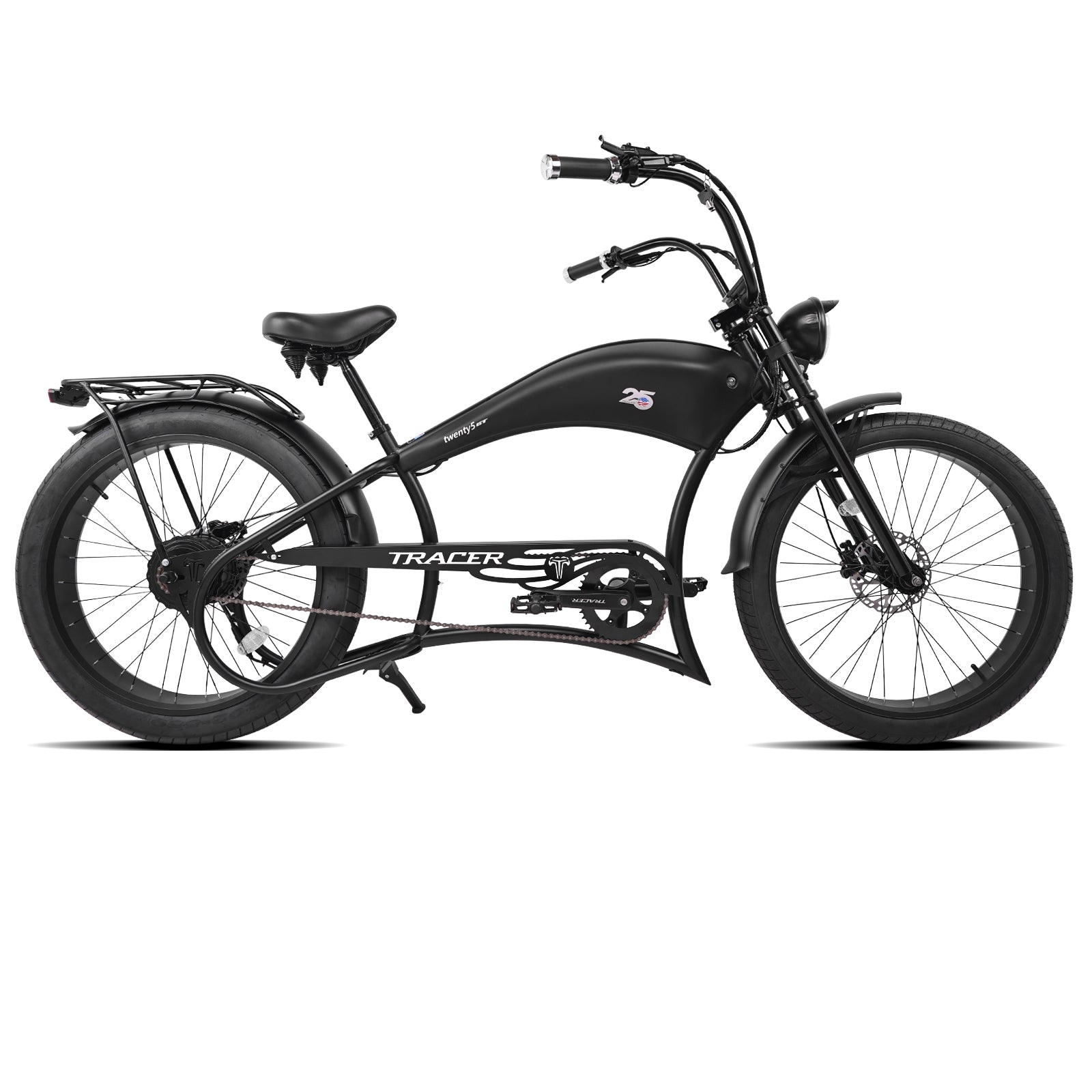 Twenty5 DS 800W Electric Chopper Bike all in black 26inch with rack and fenders dual spring fork