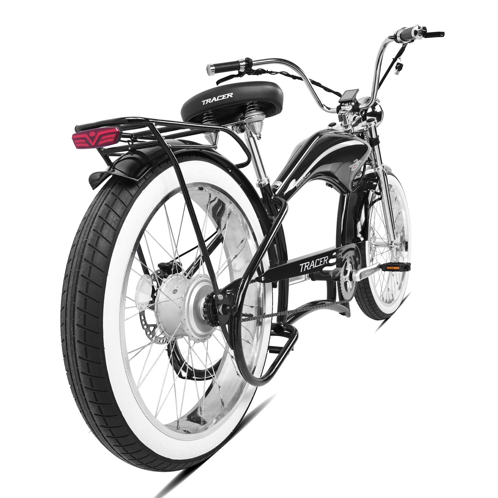 side view of Tracer Twenty5 gts Electric Chopper Bike with rack fenders 800w rear hub motor 