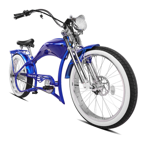 Side view of Tracer Twenty5 DS 800W Electric Chopper Bike mid handlebar with rack bright headlight