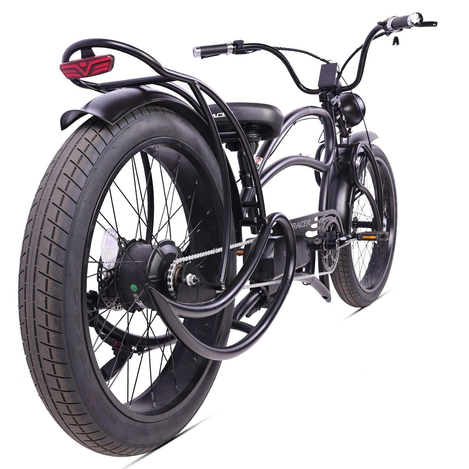 Side view of Tracer Beyond Pro Stretch Cruiser Electric Bicycle 800W Rear Hub Motor with Rack 