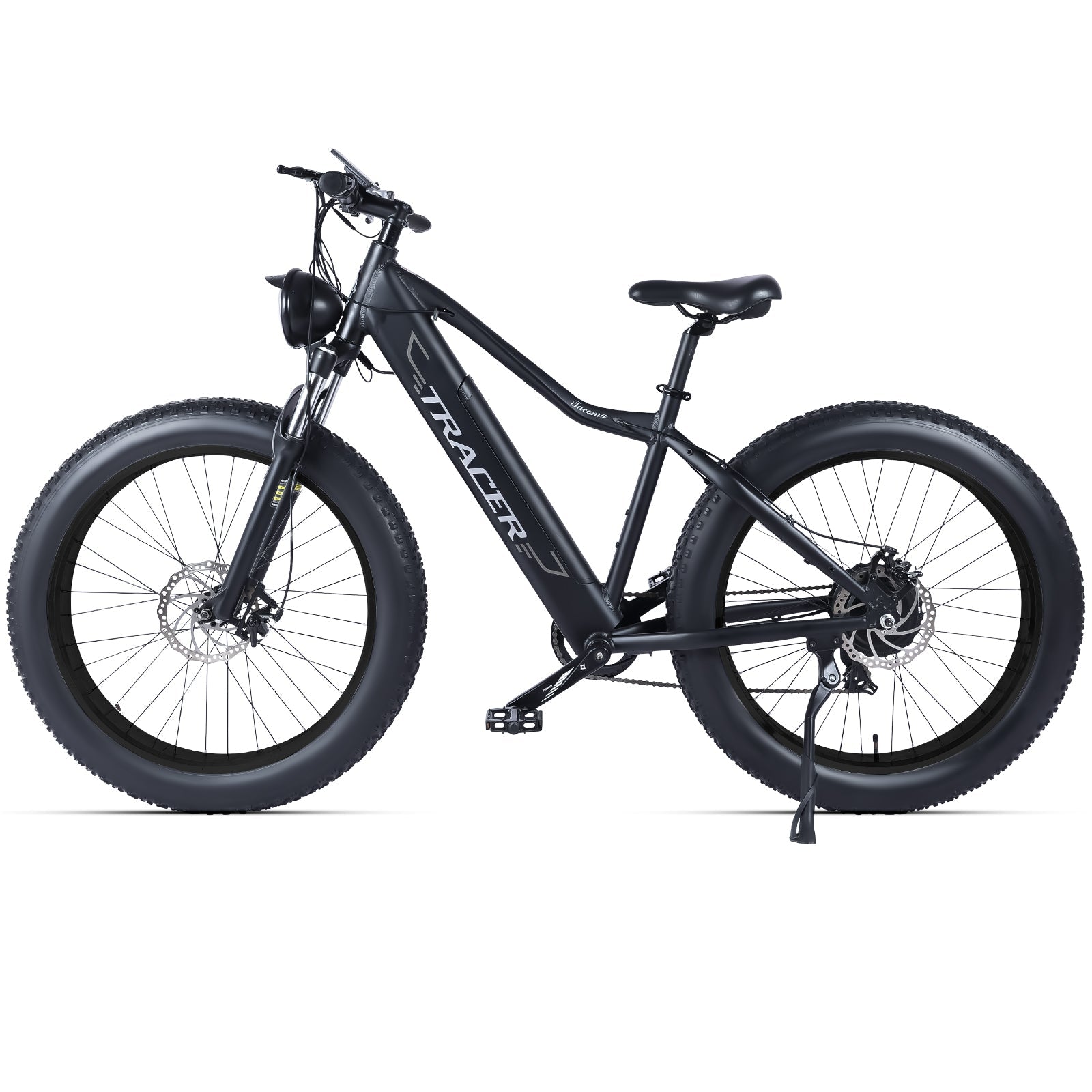 Tracer Tacoma Fat Tire Electric Mountain Bike 26 inch in Matte Black 7 speed Durable Kickstand