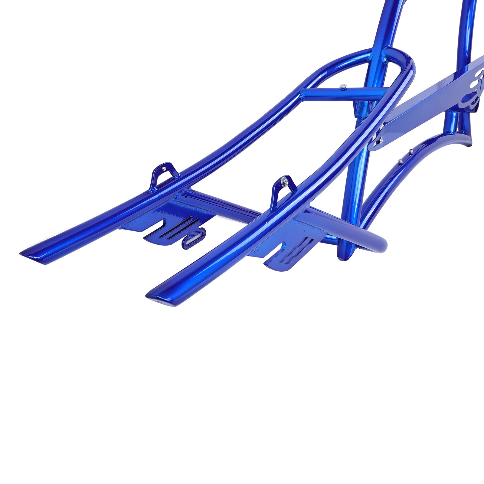 close up of Micargi scorpion frame blue 26" with fenders saddle suspension fork 