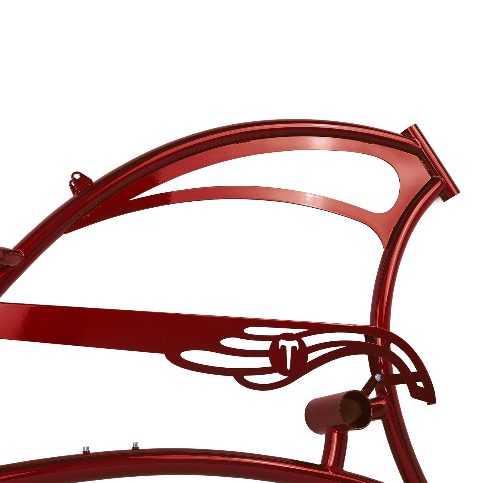 Close up of Micargi Scorpion Oversized Frame with Fenders and saddle Red 26 inch