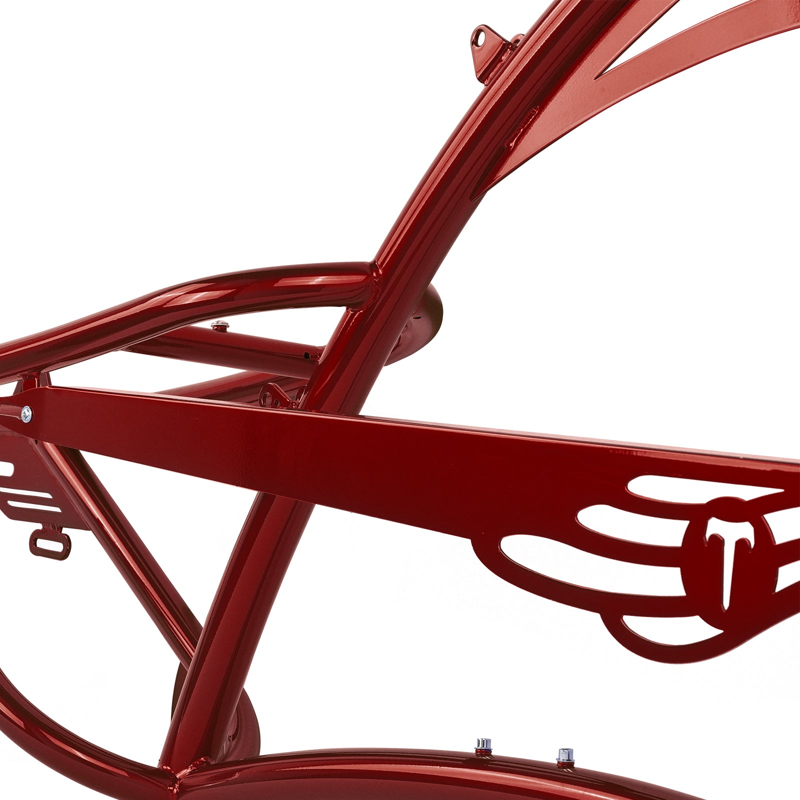 Close up of Micargi Scorpion Oversized Frame with Chaingard Fenders and saddle Red 26 inch