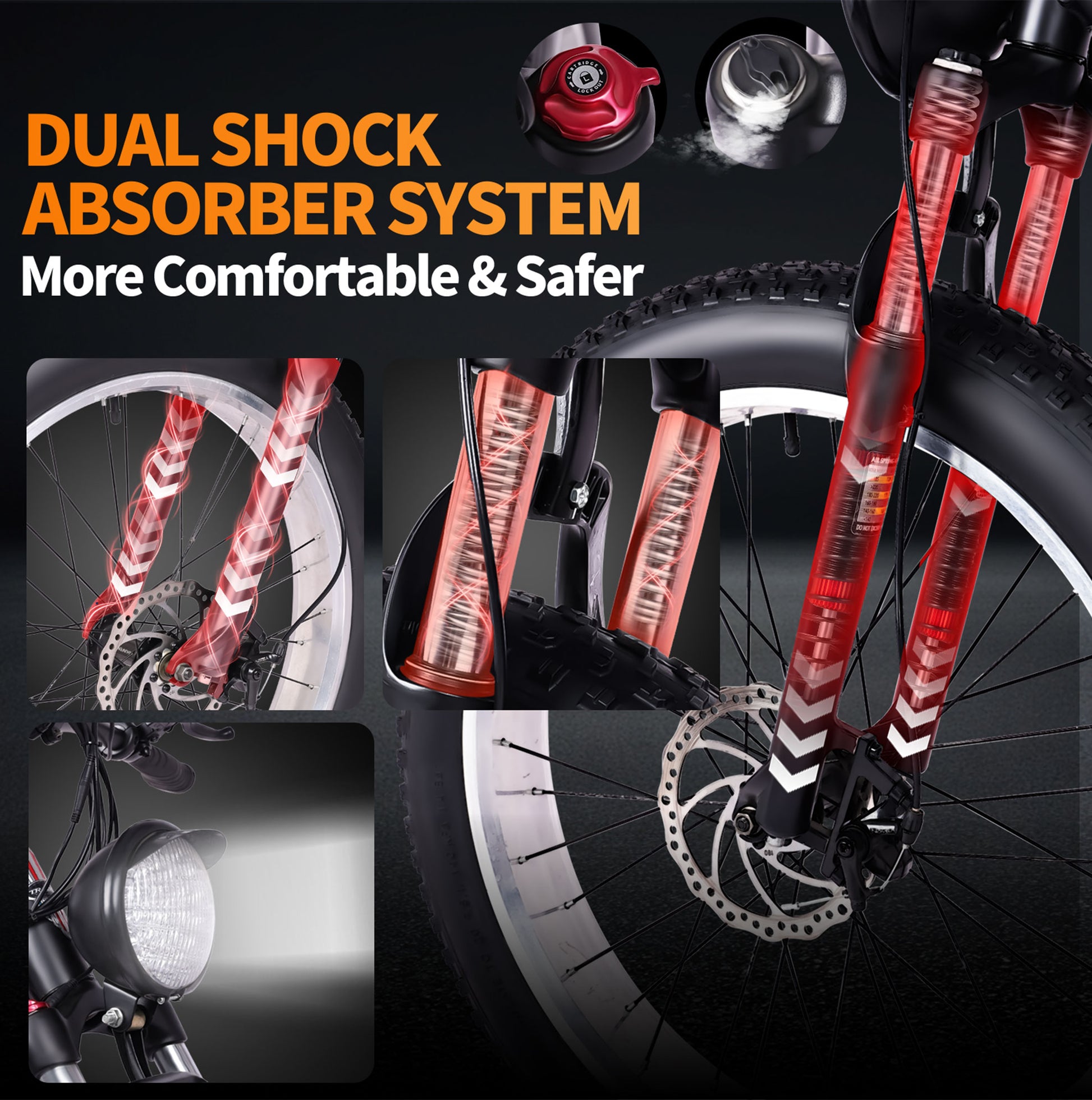 Close up of Micargi Steed Electric Mountain Bicycle dual shock absorber system