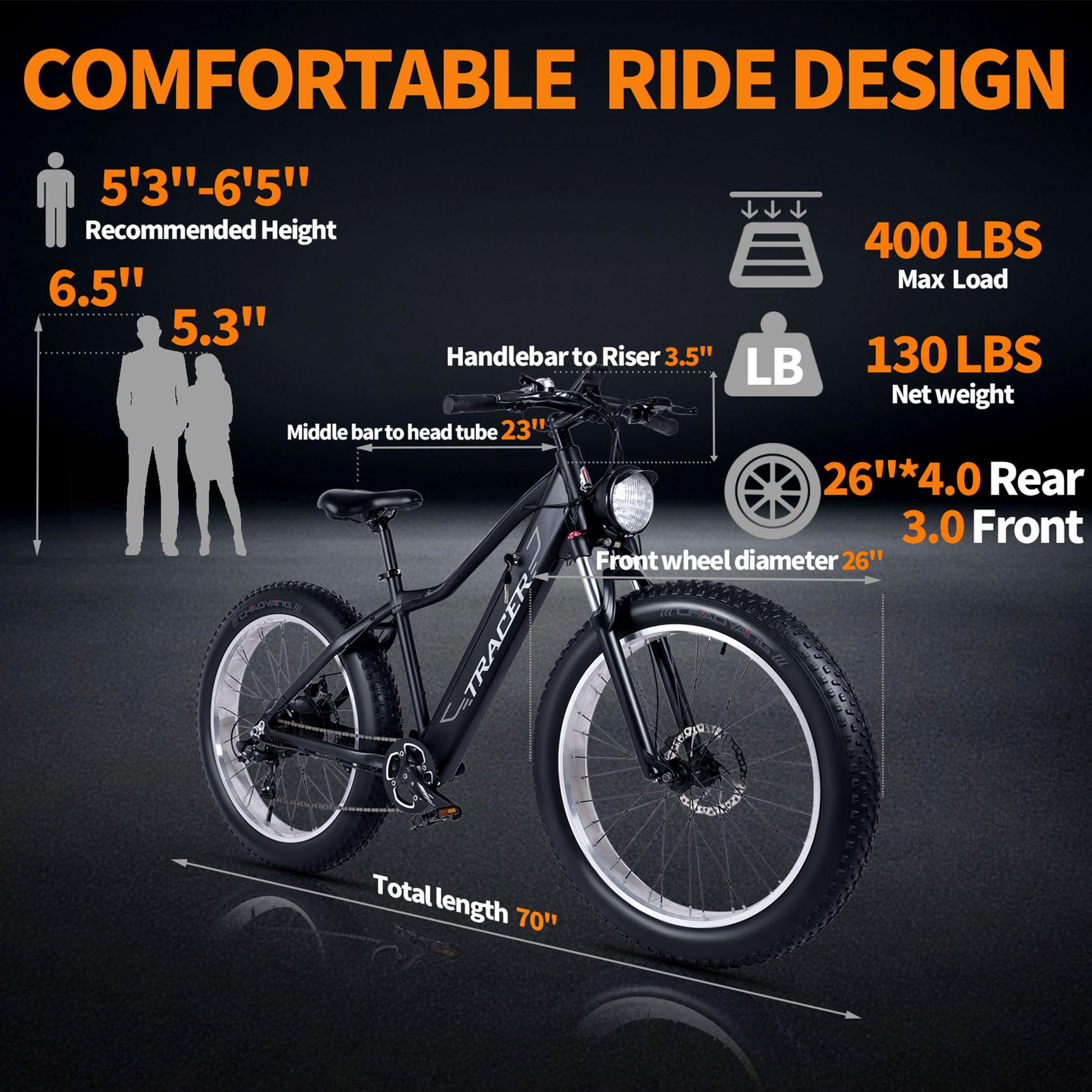 Micargi Steed Electric Mountain Bicycle fit in 5'3"-6'5" Fat tire 400lbs max load