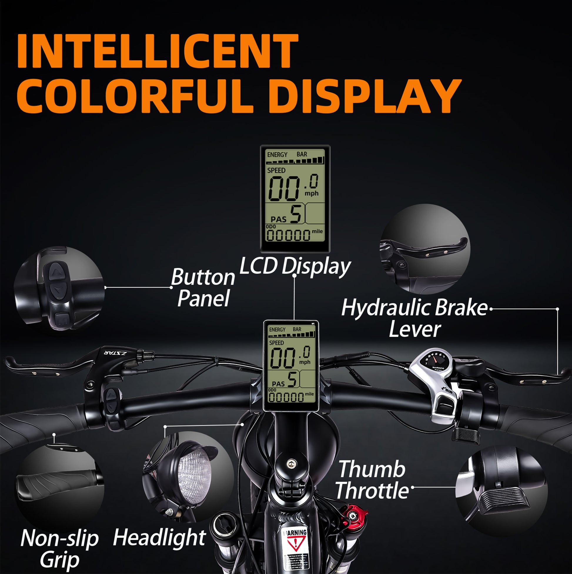 Close up of Micargi Steed Electric Mountain Bicycle LCD display Bright headlight thumb throttle hydraulic brake lever