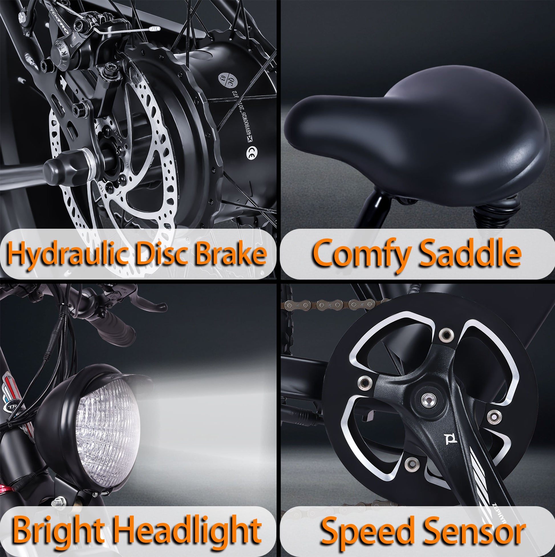 Clsoe up of Micargi Steed Electric Mountain Bicycle comfortable saddle hydraulic disc brake