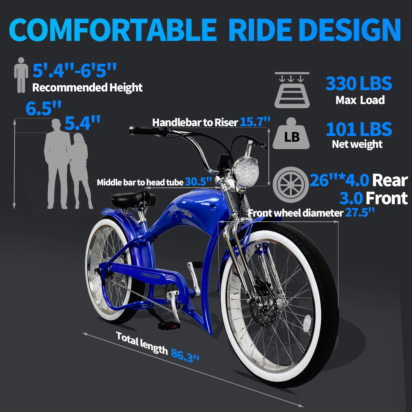 Tracer Twenty5 DS Chopper Cruiser E-Bike fit in 5'4"-6'5" 330lbs max load