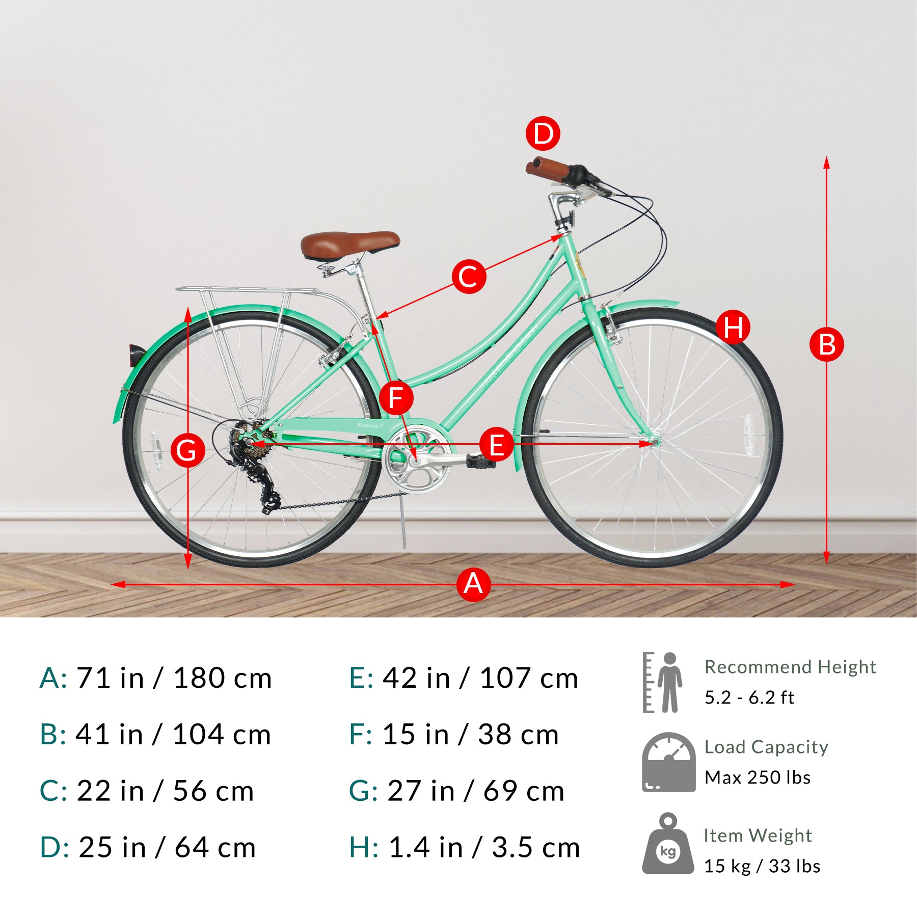 Micargi Kansas Vintage City Bike with rack 7-Speed 26 inch fit in 5.2"-6.2" 250lbs max load