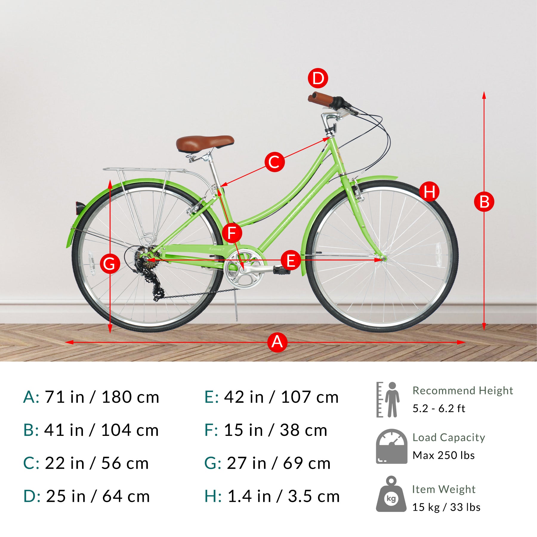 Micargi Kansas City Bike with rack 7-Speed for women green fit in 5.2"-6.2" 250lbs max load