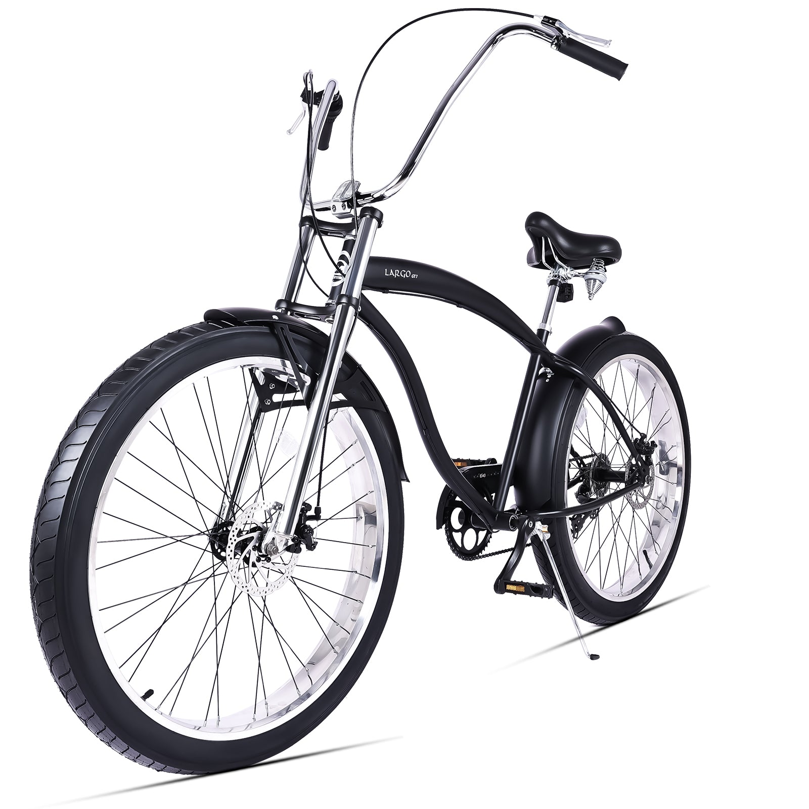 Side view of Micargi Largo GT7 Beach Cruiser Bike 7-Speed 29" black triple tree fork